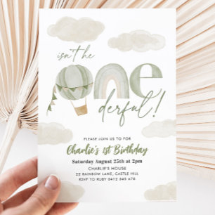 Onederful Hot Air Balloon Sage Boy 1st Birthday Invitation