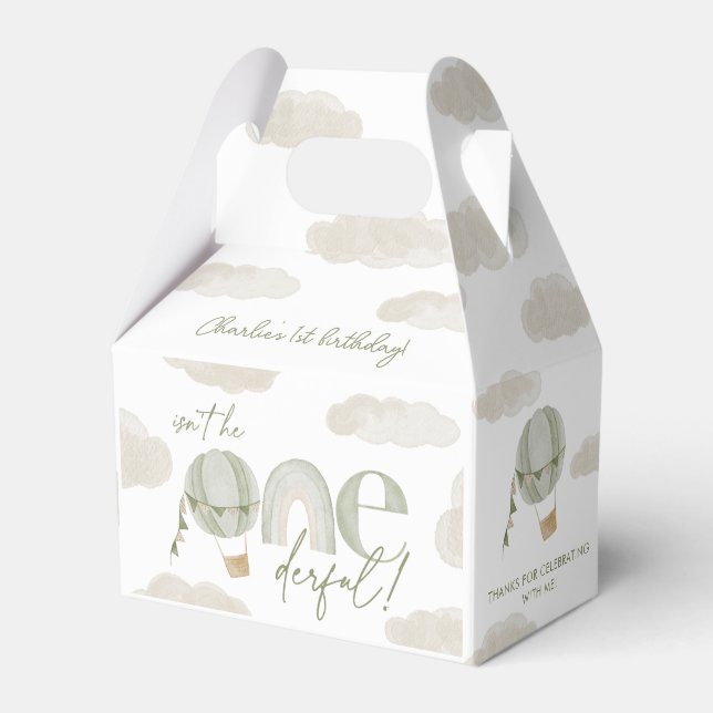 Onederful Hot Air Balloon Sage Green 1st Birthday Favour Box (Front Side)
