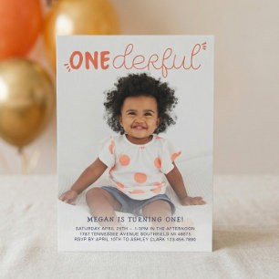 Onederful Orange Minimal Photo Birthday Invitation