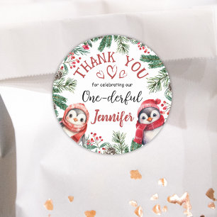 ONEderful PenguinChristmas 1st Birthday Thank You Classic Round Sticker