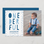 Onederful | Photo First Birthday Party Invitation<br><div class="desc">Cute birthday party invitations for your little one's first birthday party feature "Onederful" in a trendy typography style framed by navy and light blue confetti dots. Personalise by adding your one year old's photo,  name,  and party details on the back.</div>