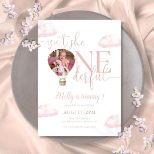Onederful Photo Hot Air Balloon Girl 1st Birthday Invitation