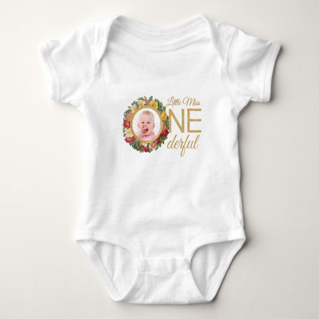 Onederful Photo in Rose Wreath Gold First Birthday Baby Bodysuit (Front)