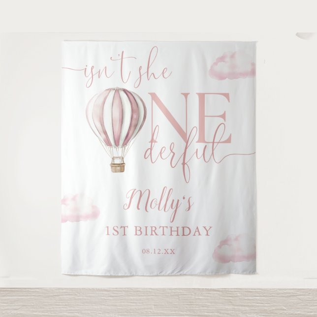 Onederful Pink Balloon 1st Birthday Photo Backdrop Tapestry (Front)