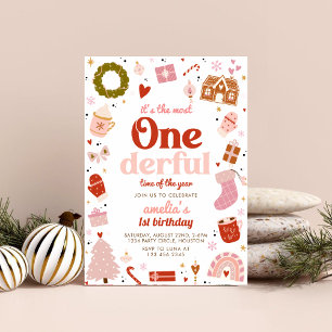 ONEderful Pink Christmas 1st Birthday Party Invitation