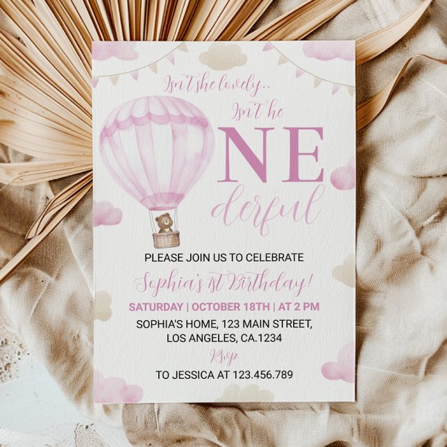 Onederful Pink Hot Air Balloon Birthday Invitation (Creator Uploaded)
