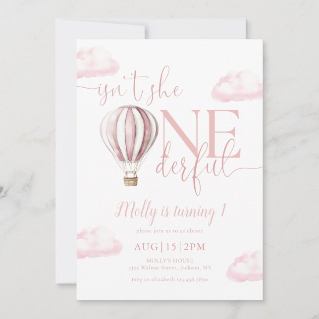 Onederful Pink Hot Air Balloon Girl 1st Birthday Invitation (Front)