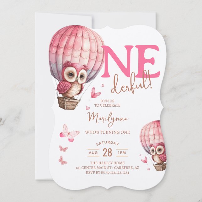 Onederful Pink Owl Hot Air Balloon 1st Birthday Invitation (Front)