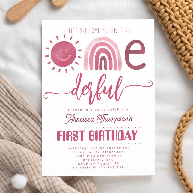 Onederful Pink Rainbow Sunshine First Birthday Invitation (Creator Uploaded)