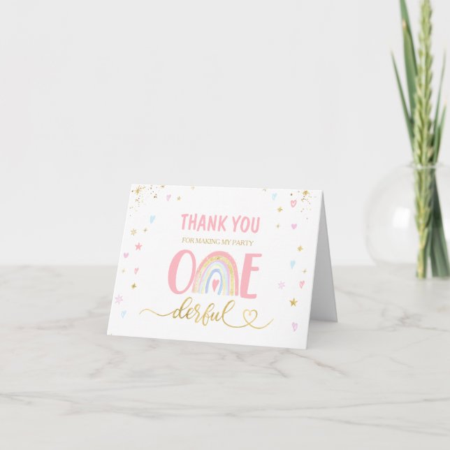 ONEderful rainbow pastel girl 1st Birthday Party Thank You Card (Front)