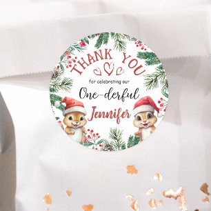 ONEderful Squirrel Christmas 1° Birthday Thank You Classic Round Sticker