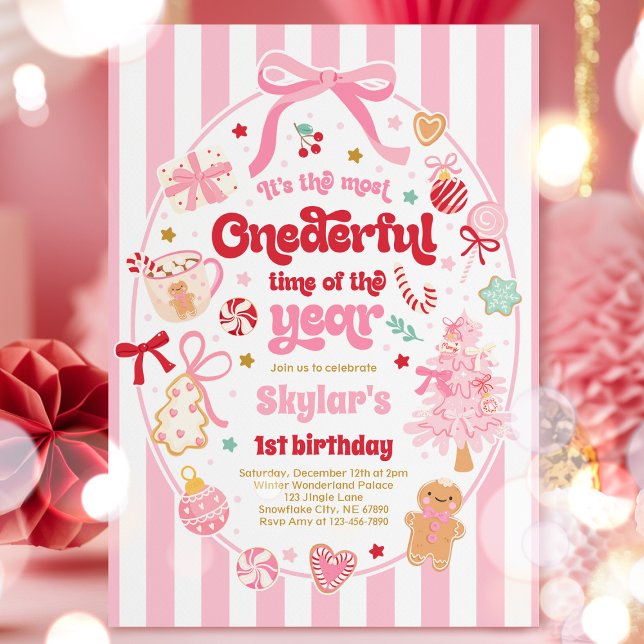 Onederful Time Of The Year Christmas Bow Birthday Invitation (Creator Uploaded)