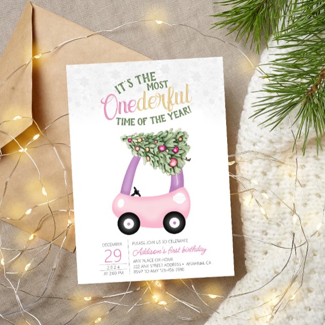 ONEderful Time Of The Year Pink car 1st Birthday  Invitation (Creator Uploaded)