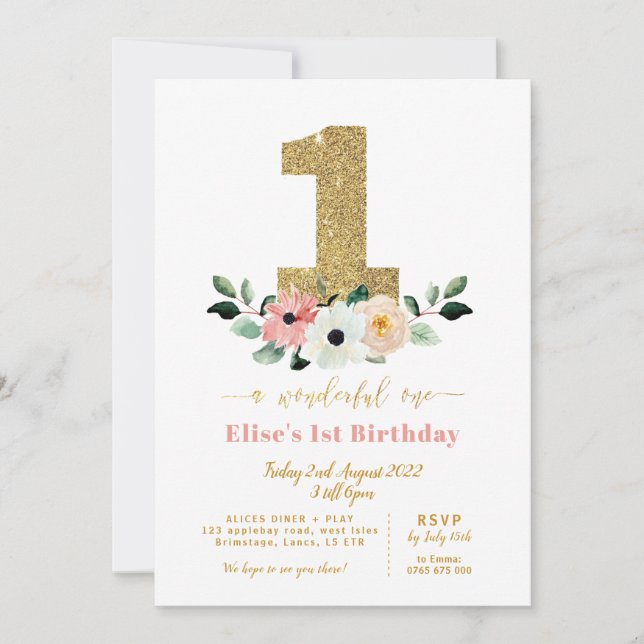 Onederful | Wonderful one | first birthday invite (Front)