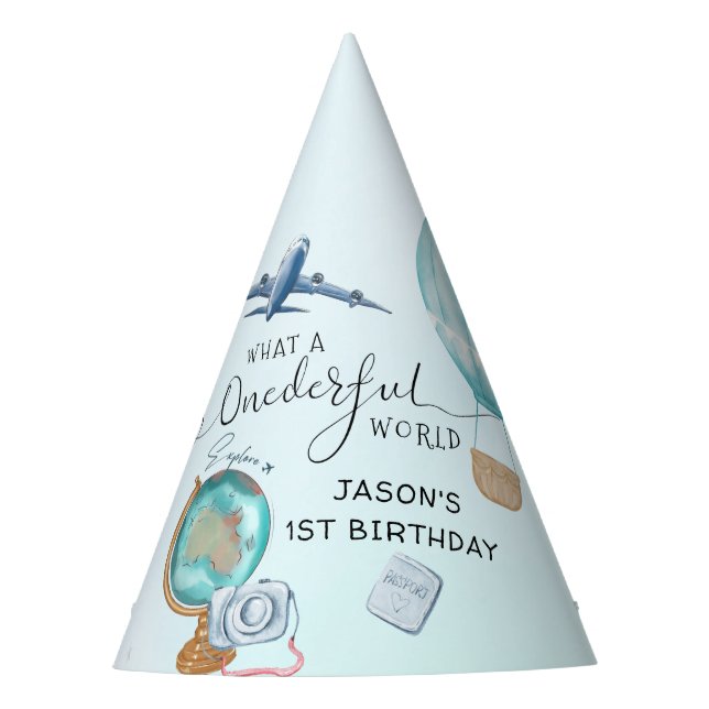 ONEderful World Boys First Birthday Party Hat (Front)