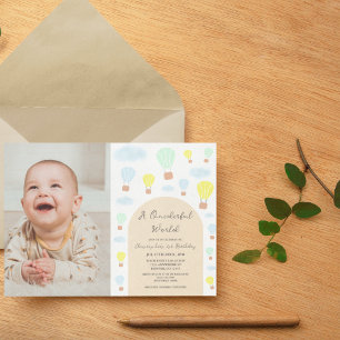 Onederful World Hot Air Balloon 1st Birthday Invitation
