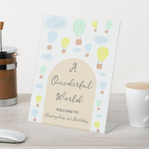 Onederful World Hot Air Balloon 1st Birthday Pedestal Sign