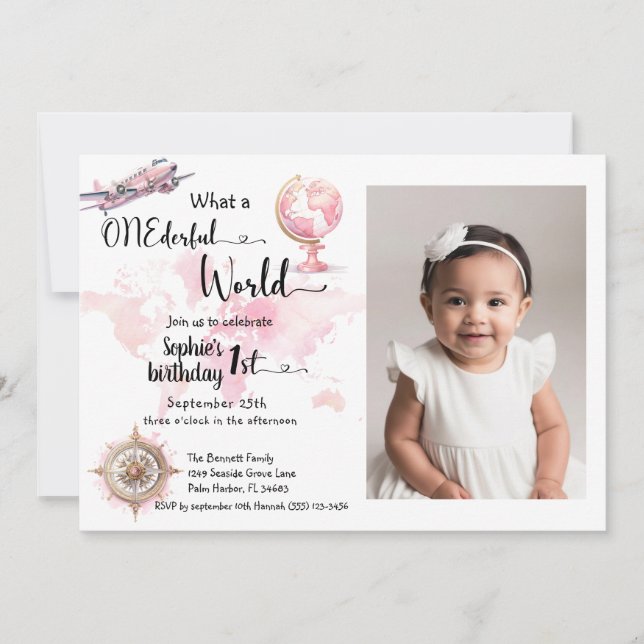 ONEderful world pink travel 1st birthday photo Invitation (Front)