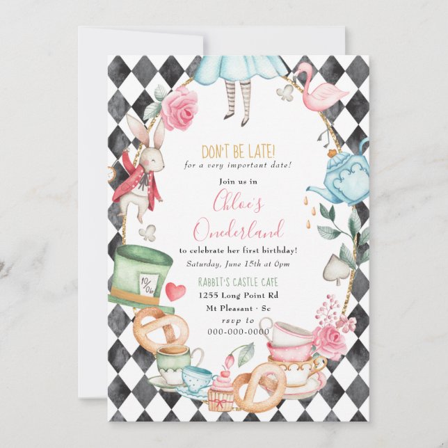 Onederland Alice Mad Tea Party Girl First Birthday Invitation (Front)