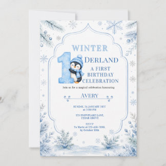 ONEderland Penguin Snow Blue Winter 1st Birthday Invitation