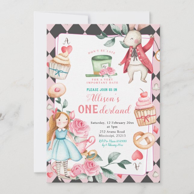 Onederland Tea Party Girl Birthday Invitation (Front)