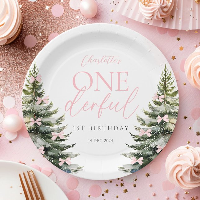 Onederland Winter Pink Bow 1st Birthday Paper Plate (Creator Uploaded)