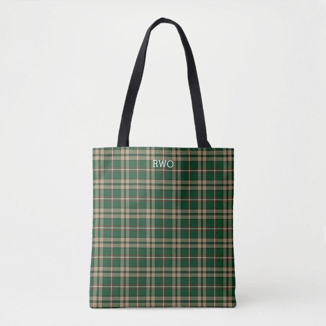 O'Neill Clan Tartan Green Plaid Monogram Tote Bag (Front)