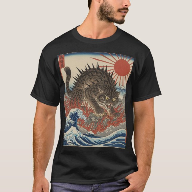 Oni Cat Surging Waves Ukiyo-e Sunrise T-Shirt (Front)