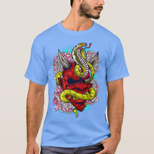 Oni Japanese Demon Red Devil Mask & Cobra Art Prem T-Shirt