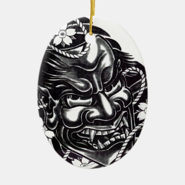 Oni Mask Japanese Design Ceramic Tree Decoration (Front)