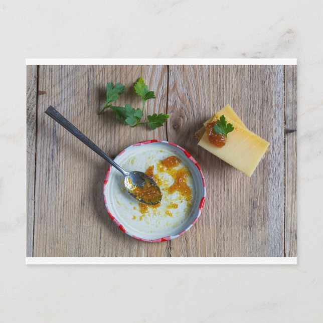 Onion pineapple chutney on rustic wood postcard (Front)