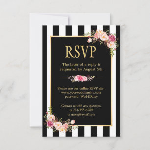 Online RSVP Floral Gold Black and White Striped Card