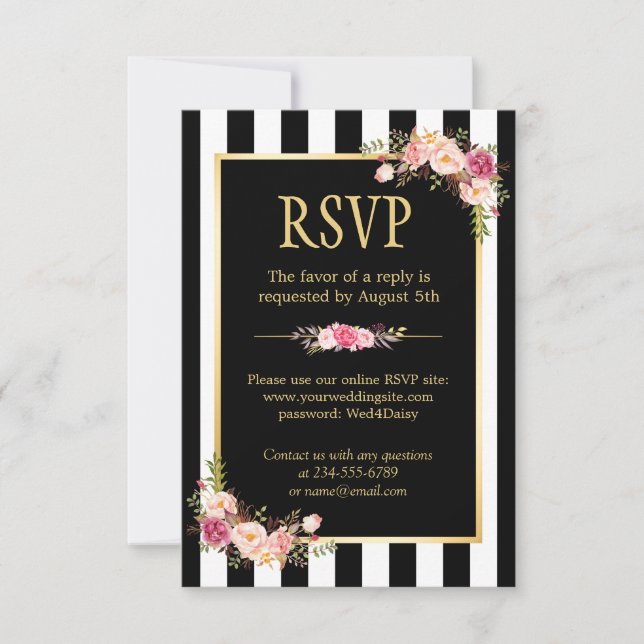 Online RSVP Floral Gold Black and White Striped Card (Front)