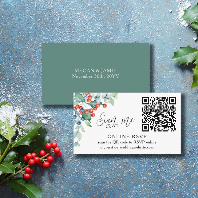 Online RSVP QR Code Winter Berries Wedding Website Enclosure Card (Creator Uploaded)