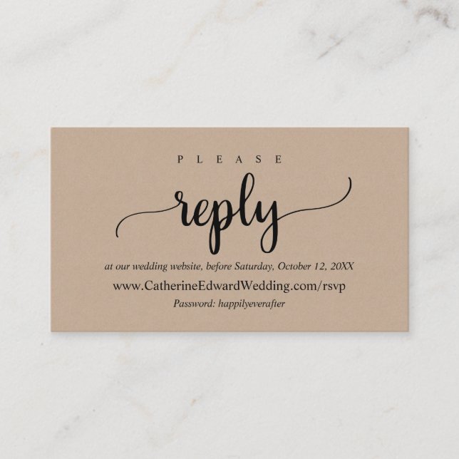 Online RSVP website, Black Script, Brown Kraft Enclosure Card (Front)