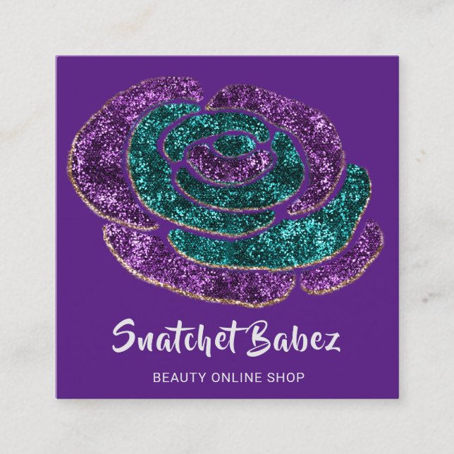 Online Shop Beauty Glitter Purple QR Code Logo Square Business Card (Front)