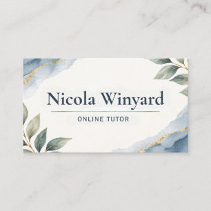 Online Tutor Elegant Blue Greenery Business Card