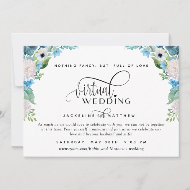 Online Virtual Wedding Blue White and Green Floral Save The Date (Front)