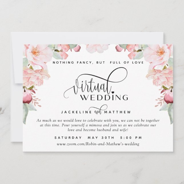 Online Virtual Wedding, Blush Pink Floral Save The Date (Front)