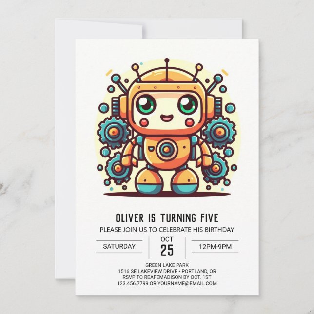 Online Whimsical Metallic Robot Birthday Invitation (Front)