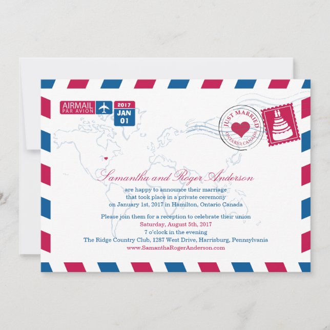 Ontario Canada Air Mail Post Wedding Reception Invitation (Front)