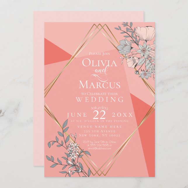 OnTrend Wedding Coral Floral Geometric Gold Frame Invitation (Front/Back)