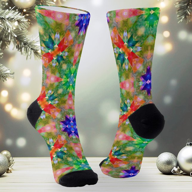 Onward and Upward Christmas Festive Pattern Socks (Artistic Christmas socks featuring a fun abstract geometric fractal pattern in green and red colors)