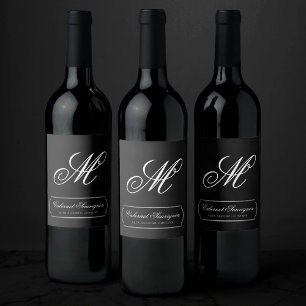 Onyx Black Velvet   Chalkboard Grunge Monogram Wine Label