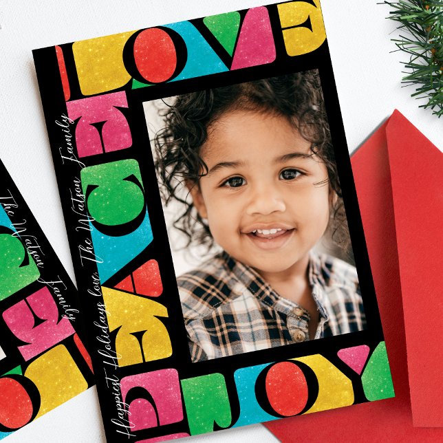onyx colourful LOVE PEACE JOY one photo modern Holiday Card (Creator Uploaded)