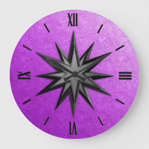 Onyx compass rose - amethyst background large clock