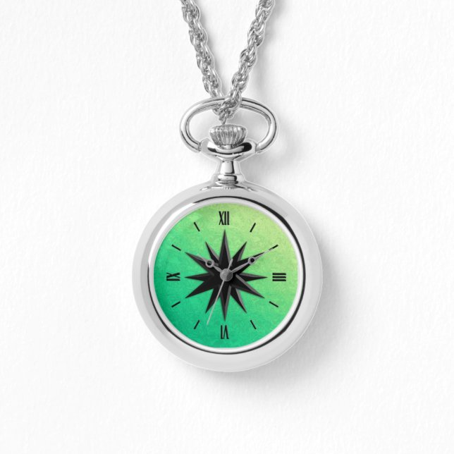 Onyx compass rose - peridot green glass background watch (Front)