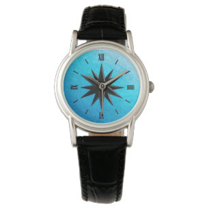 Onyx compass rose - turquoise glass background watch