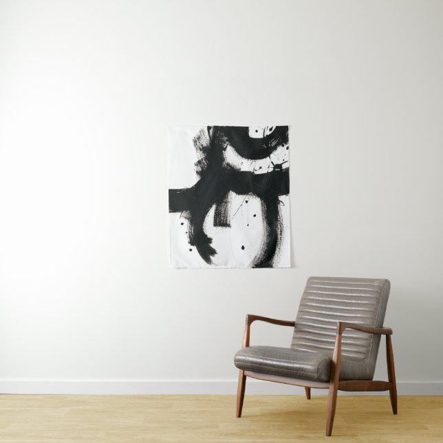 Onyx Gesture - Black Paint Strokes Tapestry (In Situ)