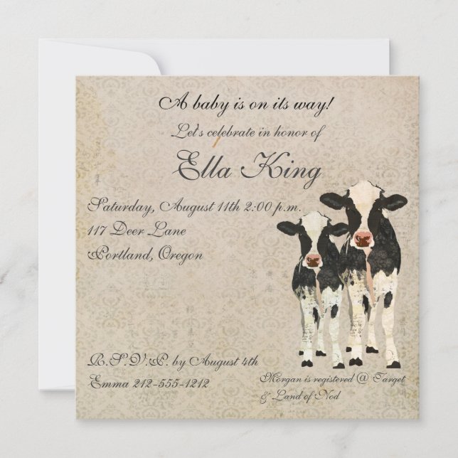 Onyx & Ivory Cows Baby Invitation (Front)